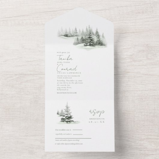 Rustieke Winter Bruiloft Sage Groene ID1049 All In One Uitnodiging (Binnen)