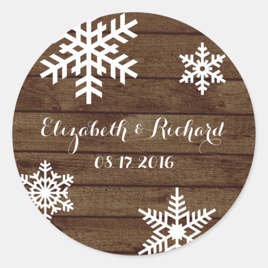 Rustieke winter bruiloft schuur hout sneeuwvlokken ronde sticker (Voorkant)