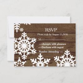Rustieke winter bruiloft schuur hout sneeuwvlokken RSVP kaartje