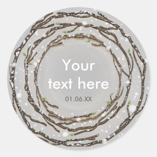 Rustieke winter bruiloft takken & land sneeuw ronde sticker (Voorkant)