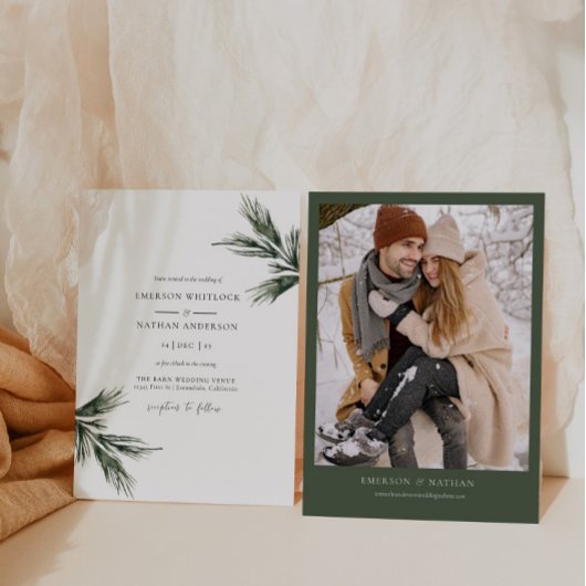 Rustieke winter bruiloft uitnodiging groen dennen