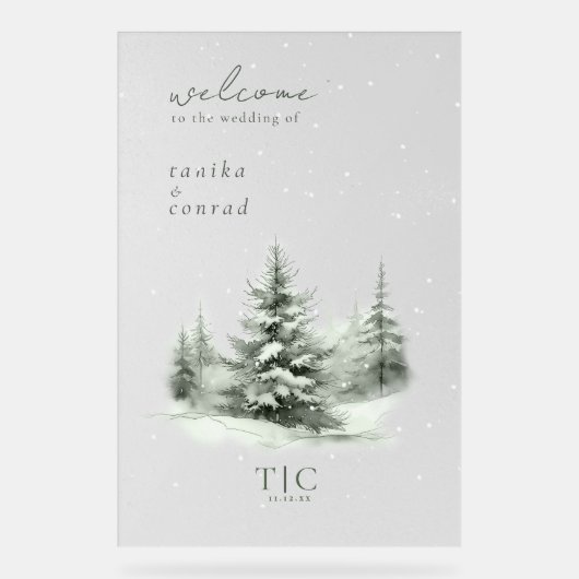 Rustieke Winter Bruiloft Welkom Bos Groene ID1049 Acryl Bord (Voorkant)