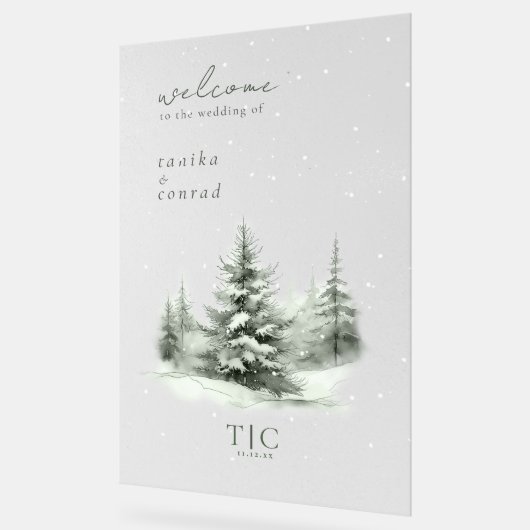 Rustieke Winter Bruiloft Welkom Bos Groene ID1049 Acryl Bord (Hoek)
