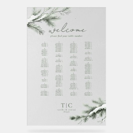 Rustieke Winter Bruiloft Zitplaatsen Bos Groen ID1 Acryl Bord (Voorkant)