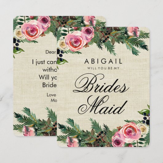 Rustieke winter burlap Pine zal je bruidsmeisje zi Kaart (Voorkant / Achterkant)