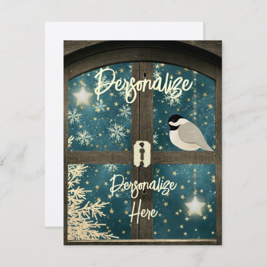 Rustieke winter cabine raam ster sneeuwvlok vogel informatiekaartje (Voorkant / Achterkant)