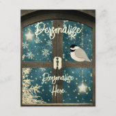 Rustieke winter cabine raam ster sneeuwvlok vogel informatiekaartje (Voorkant)