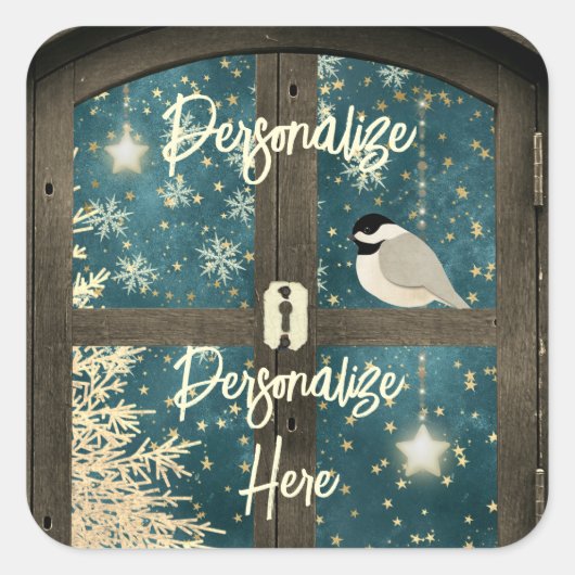 Rustieke winter cabine raam ster sneeuwvlok vogel vierkante sticker (Voorkant)
