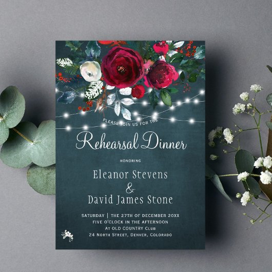 Rustieke winter chique bloemenbruiloft repetitie d kaart