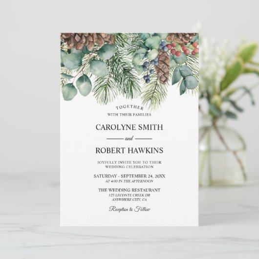 Rustieke winter en dennenboom bos bruiloft kaart (Staand voorkant)