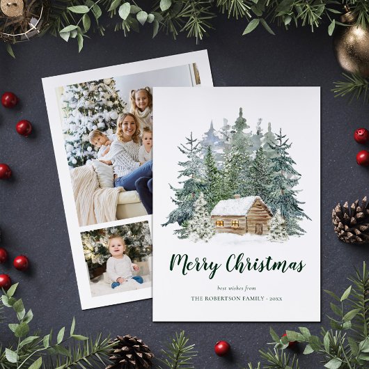 Rustieke Winter Forest Cabin Kerstfoto Feestdagenkaart