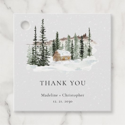 Rustieke Winter Forest Cabin Wedding Bedankjes Labels (Voorkant)