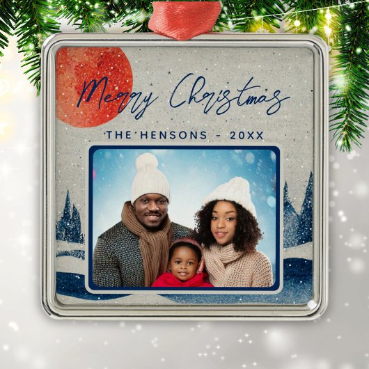 Rustieke Winter Forest Moon Familie Foto Kerstmis Metalen Ornament