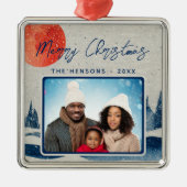 Rustieke Winter Forest Moon Familie Foto Kerstmis Metalen Ornament (Voorkant)