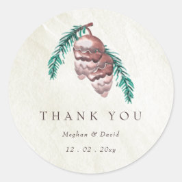 Rustieke Winter Forest Woodland Pine Cone Bruiloft Ronde Sticker