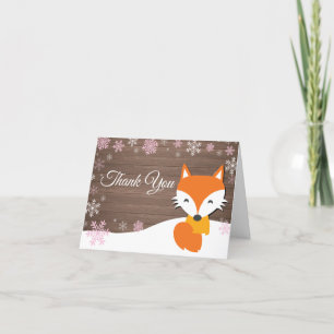 Rustieke Winter Fox Snowflake Roze Dank u kaart