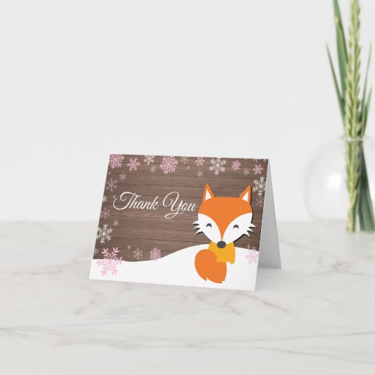 Rustieke Winter Fox Snowflake Roze Dank u kaart (Voorkant)
