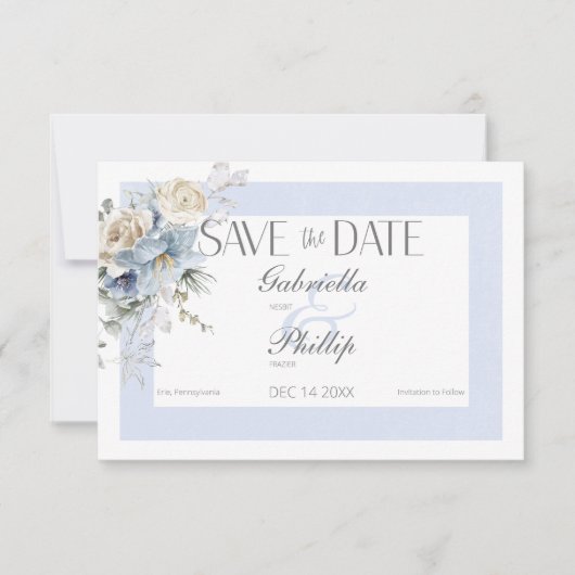Rustieke Winter Frosty Blauw & Wit Bloemen Save The Date (Voorkant)