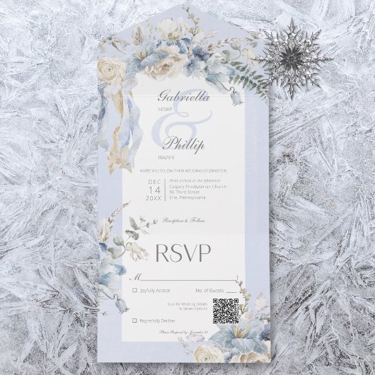 Rustieke Winter Frosty Blue & White Floral QR Code All In One Uitnodiging