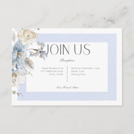 Rustieke Winter Frosty Blue & White Floral Recepti Informatiekaartje (Voorkant)