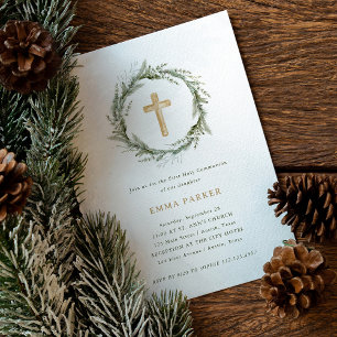 Rustieke Winter Greenery Krans Eerste Heilige Comm Kaart