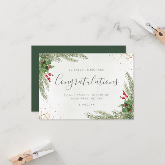 Rustieke winter groen bessen dennenappel bruiloft kaart (Voorkant / Achterkant in situ)