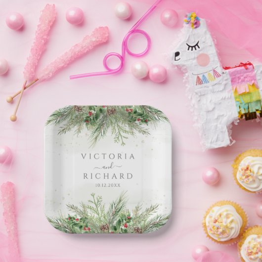 Rustieke winter groen bessen dennenappel bruiloft papieren bordje (Feest)