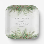 Rustieke winter groen bessen dennenappel bruiloft papieren bordje (Voorkant)