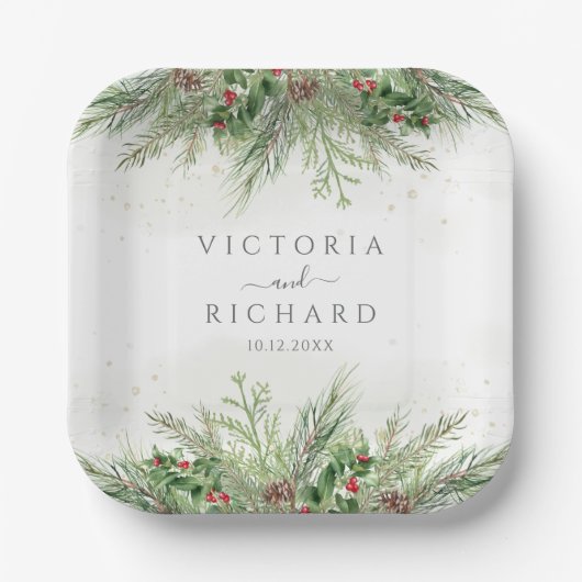 Rustieke winter groen bessen dennenappel bruiloft papieren bordje (Voorkant)