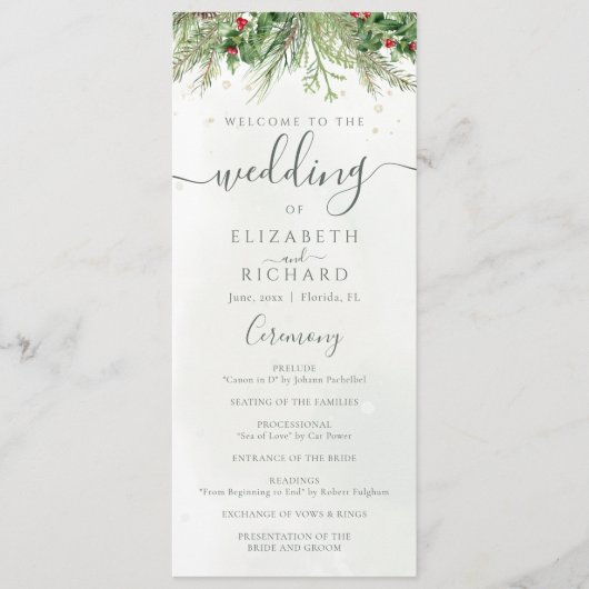 Rustieke winter groen bessen dennenappel bruiloft programmakaart (Voorkant)