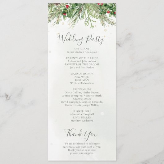 Rustieke winter groen bessen dennenappel bruiloft programmakaart (Achterkant)