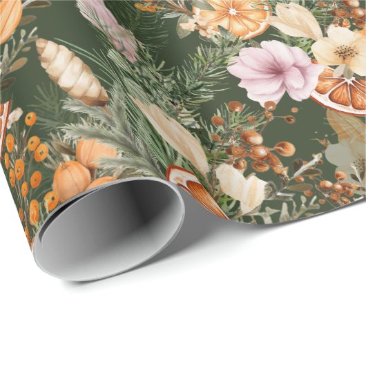 Rustieke winter groen citrus botanische kerst cadeaupapier (Rol Hoek)