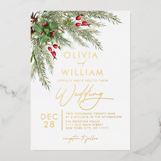 Rustieke winter groen kerstvakantie bruiloft folie uitnodiging (Voorkant)