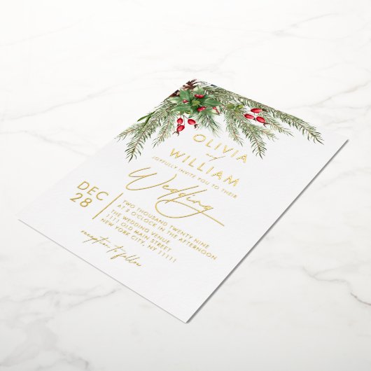 Rustieke winter groen kerstvakantie bruiloft folie uitnodiging (Gedraaid)