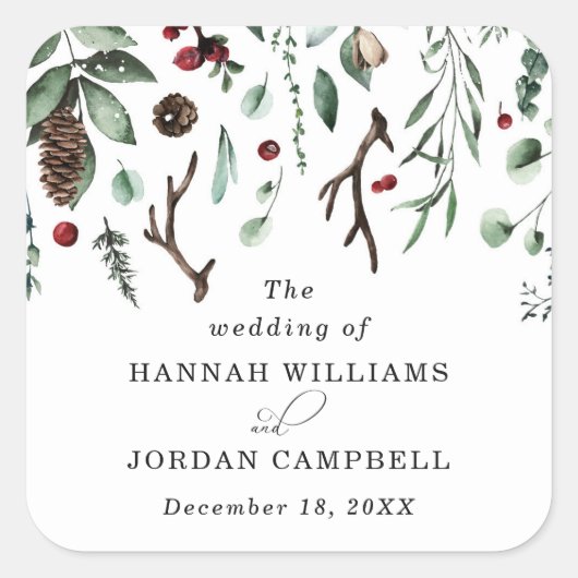 Rustieke winter groen rode kerst bessen vierkante sticker (Voorkant)