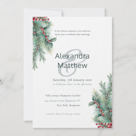 Rustieke Winter Holly Berries bruiloft uitnodiging (Voorkant)