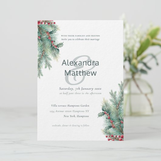 Rustieke Winter Holly Berries bruiloft uitnodiging (Staand voorkant)