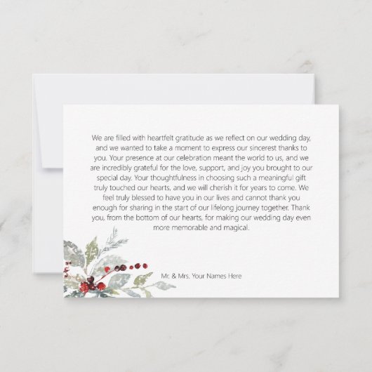 Rustieke Winter Holly Berries & Sneeuw Bruiloft Bedankkaart (Achterkant)