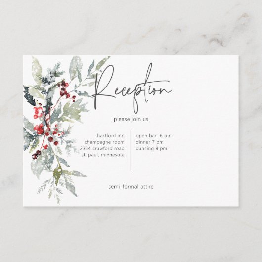 Rustieke Winter Holly Berries & Sneeuwreceptie Informatiekaartje (Voorkant)