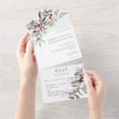 Rustieke Winter Holly bessen & sneeuw Details All In One Uitnodiging (Afscheurbaar)