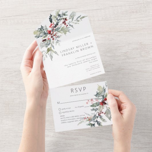 Rustieke Winter Holly bessen & sneeuw Details All In One Uitnodiging (Afscheurbaar)