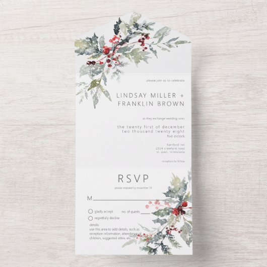 Rustieke Winter Holly bessen & sneeuw Details All In One Uitnodiging (Binnen)