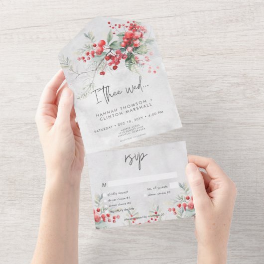 Rustieke Winter Holly & Pine Trouwdiner All In One Uitnodiging (Afscheurbaar)