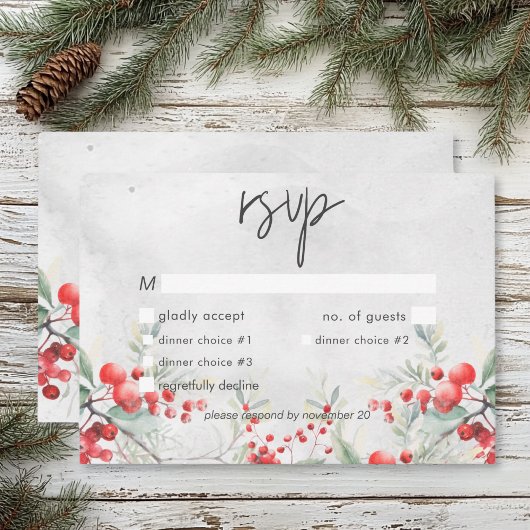 Rustieke Winter Holly & Pine Trouwdiner RSVP Kaartje