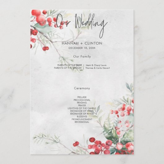 Rustieke Winter Holly & Pine Trouwprogramma Programmakaart (Voorkant)