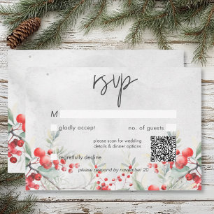Rustieke Winter Holly & Pine Wedding QR Code RSVP Kaartje