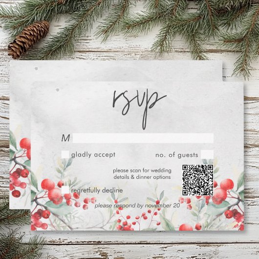 Rustieke Winter Holly & Pine Wedding QR Code RSVP Kaartje
