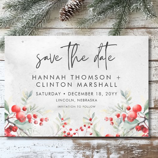 Rustieke Winter Holly & Pine Wedding Save The Date
