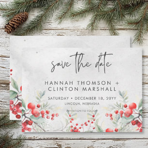 Rustieke Winter Holly & Pine Wedding Save The Date