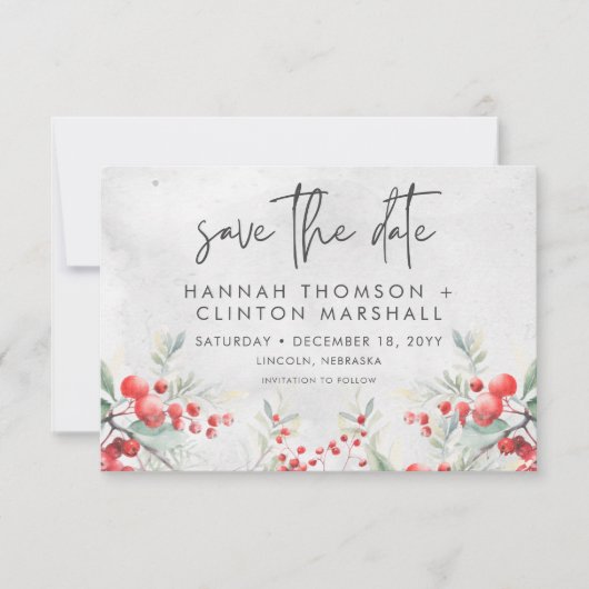 Rustieke Winter Holly & Pine Wedding Save The Date (Voorkant)